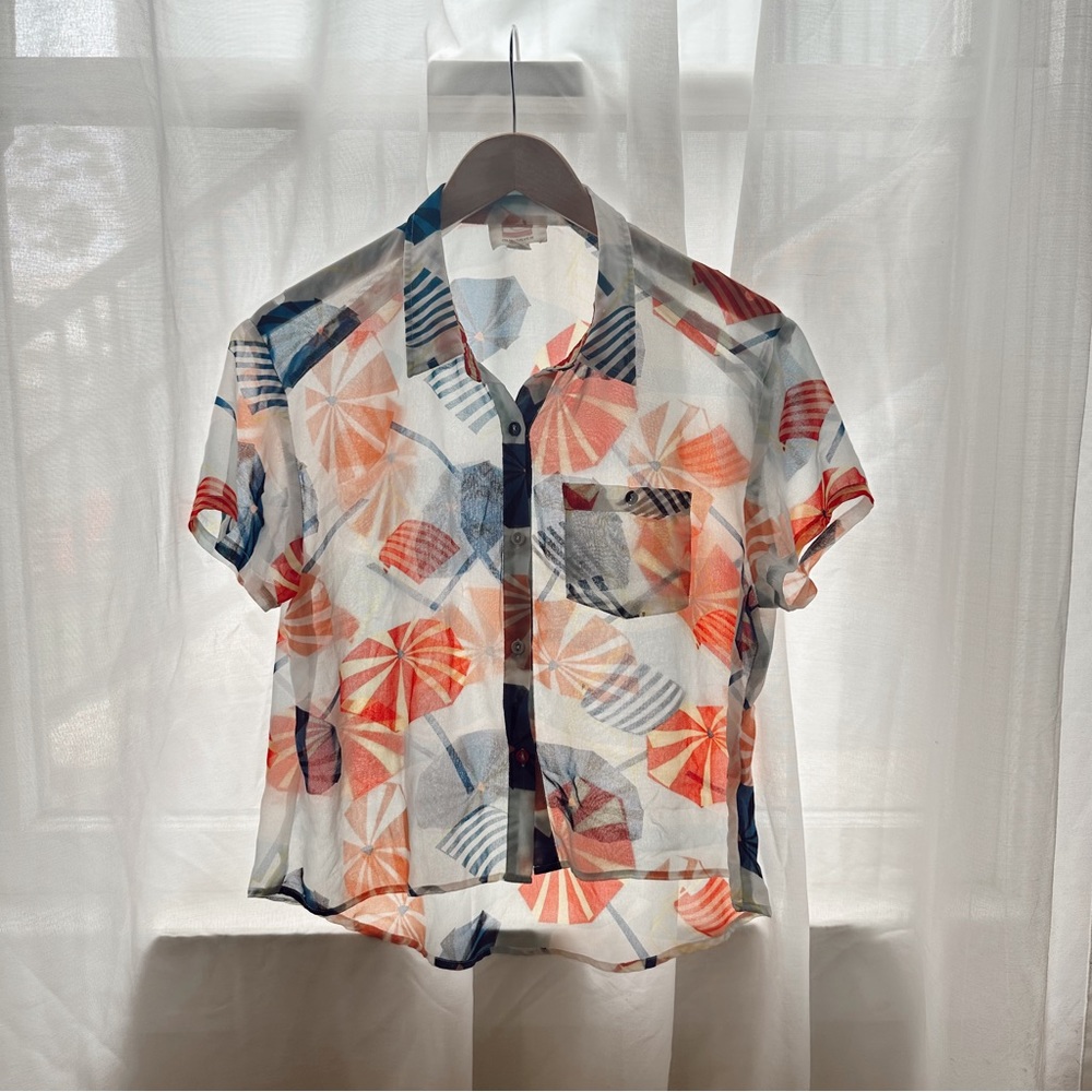 VINTAGE SUMMERY beach umbrella print camp shirt